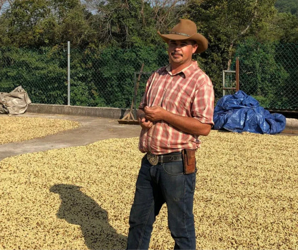 Honduras coffee farmer Hernan Castro standing in beds of coffee drying in parchment, picture supplied by StoneX Specialty