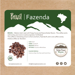 Package label describing the Brazil Fazenda coffee