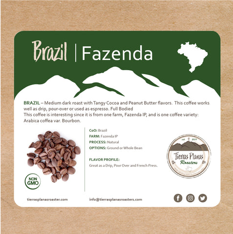 Package label describing the Brazil Fazenda coffee